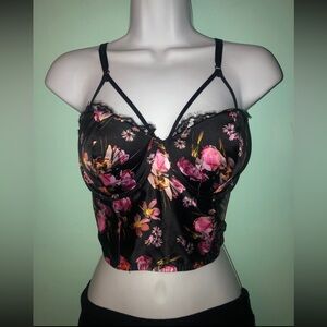 Victoria’s Secret Black Satin Floral Bustier Corset Size 34D